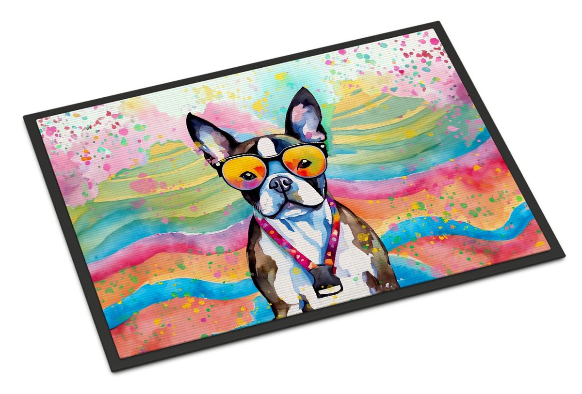 Boston Terrier Hippie Dawg Doormat Front Door Mat Indoor Outdoor Rugs For Entryway, Non Slip Washable Low Pile, 24H X 36W_maomaolike.com
