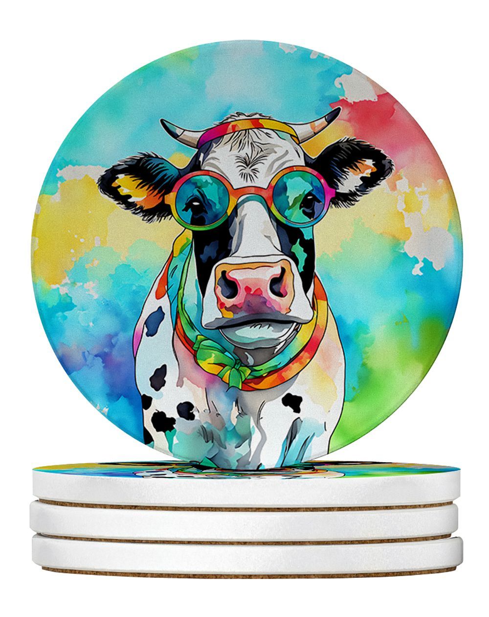 Hippie Animal Cow Large Sandstone Coasters Pack Of 4 Absorbent Round Coasters Decor Gifts For Men Or Women, 4 In, Multicolor_maomaolike.com