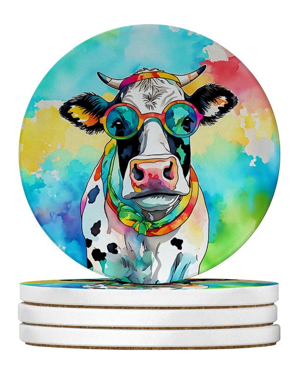 Hippie Animal Cow Large Sandstone Coasters Pack Of 4 Absorbent Round Coasters Decor Gifts For Men Or Women, 4 In, Multicolor_maomaolike.com