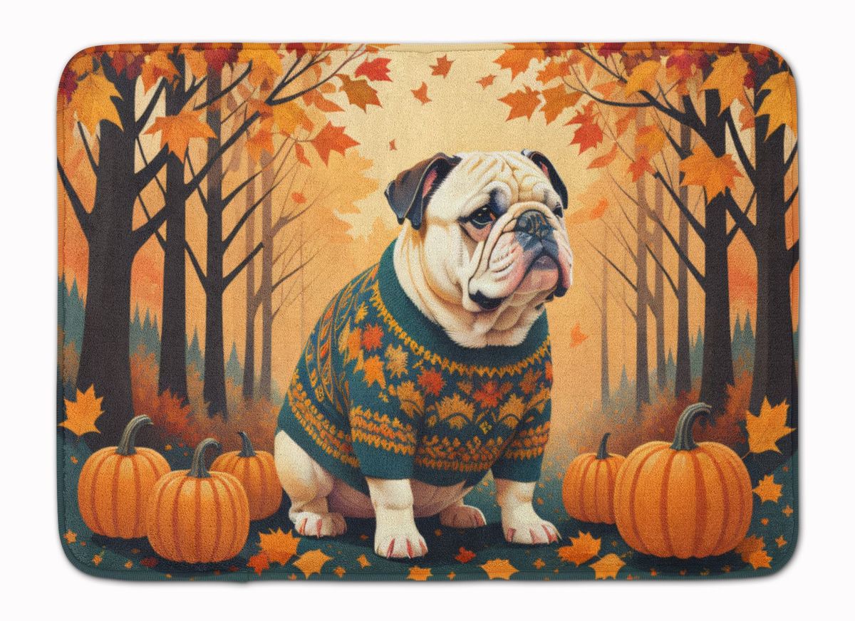 White English Bulldog Fall Memory Foam Kitchen Mat Machine Washable Anti-Fatigue Mat Cushion Comfort Bath Mat Or Kitchen Rug_maomaolike.com