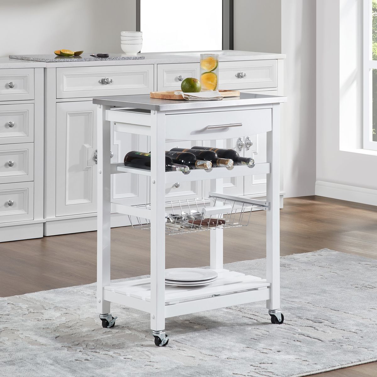 Mobile Rolling Kitchen Island Trolley Serving Cart With Underneath Drawer & Slide-Out Wire Storage Basket_maomaolike.com