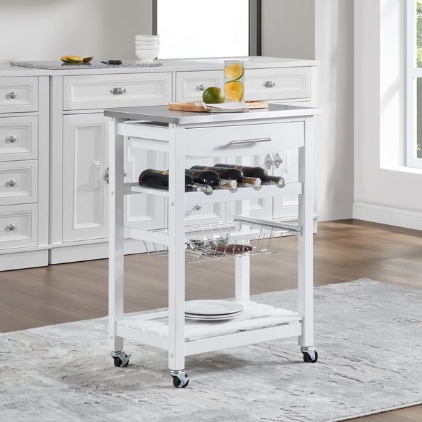 Mobile Rolling Kitchen Island Trolley Serving Cart With Underneath Drawer & Slide-Out Wire Storage Basket_maomaolike.com