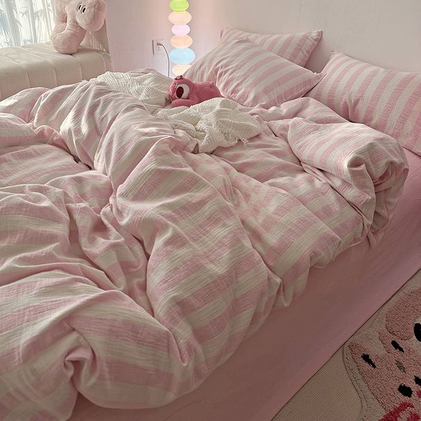 Wholesale INS Color-Dyed Double-Layer Crinkled Yarn Pure Four-Piece Nordic Style Homestay All-Cotton Striped Washed Cotton 4-Piece_maomaolike.com