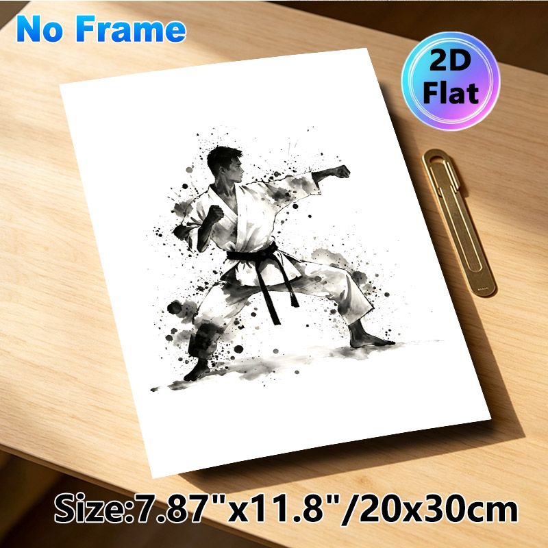 Karate Themed Painting Poster, Monochrome Ink Wash Style Karate Practitioner In Combat Stance Poster, Artistic Splatter Design Ideal For Home Gym_maomaolike.com