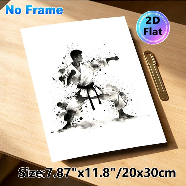 Karate Themed Painting Poster, Monochrome Ink Wash Style Karate Practitioner In Combat Stance Poster, Artistic Splatter Design Ideal For Home Gym_maomaolike.com