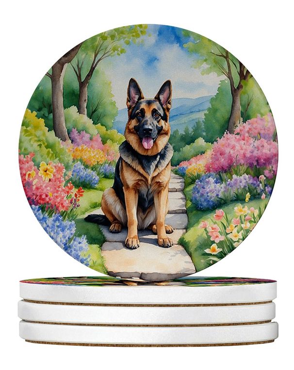 German Shepherd Spring Path Large Sandstone Coasters Pack Of 4 Absorbent Round Coasters Decor Gifts For Men Or Women, 4 In, Multicolor_maomaolike.com
