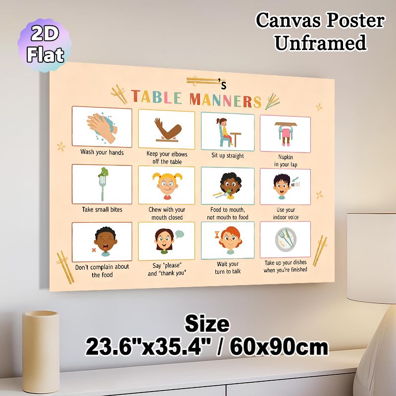Table Manners Painting Poster, Colorful Cartoon-style Illustrated Etiquette Poster, Practical Table Manners Learning Guide Ideal For Dining Room, Home_maomaolike.com