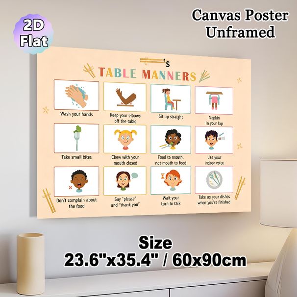 Table Manners Painting Poster, Colorful Cartoon-style Illustrated Etiquette Poster, Practical Table Manners Learning Guide Ideal For Dining Room, Home_maomaolike.com