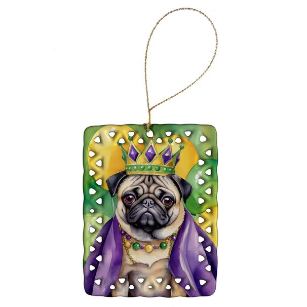 Pug King Of Mardi Gras Porcelain Ornament Christmas Tree Hanging Decorations For Home Christmas Holiday, Rectangle, Gift, Multicolor_maomaolike.com