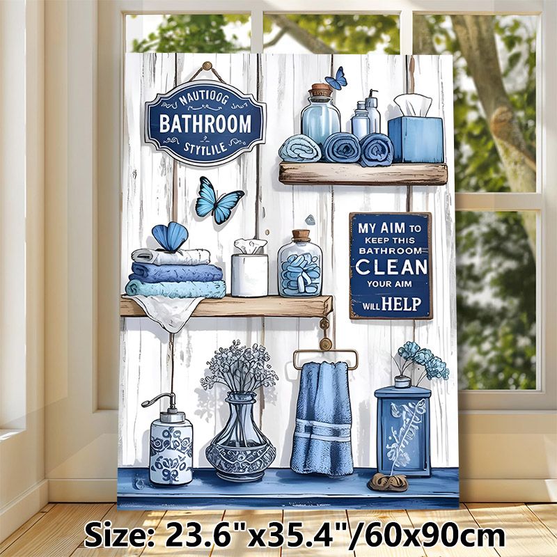 Nautical Bathroom Painting Poster, Vintage Coastal Blue-toned Bathroom Essentials Poster, With Rustic Shelves & Playful Signs, Adds Cozy Tidy Vibe For_maomaolike.com