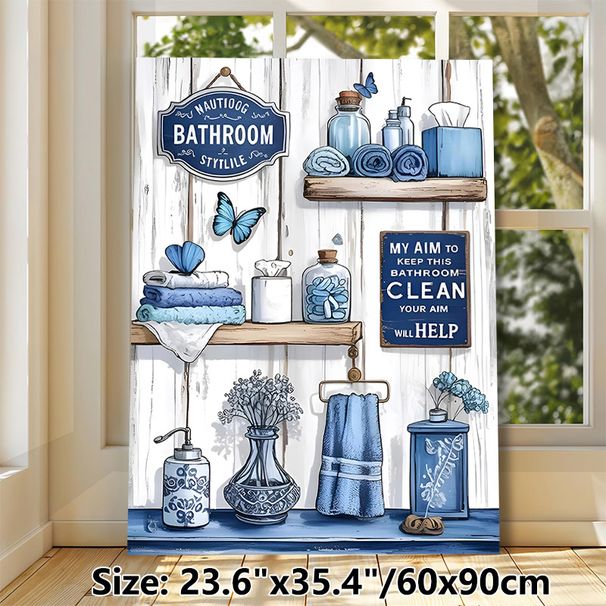 Nautical Bathroom Painting Poster, Vintage Coastal Blue-toned Bathroom Essentials Poster, With Rustic Shelves & Playful Signs, Adds Cozy Tidy Vibe For_maomaolike.com