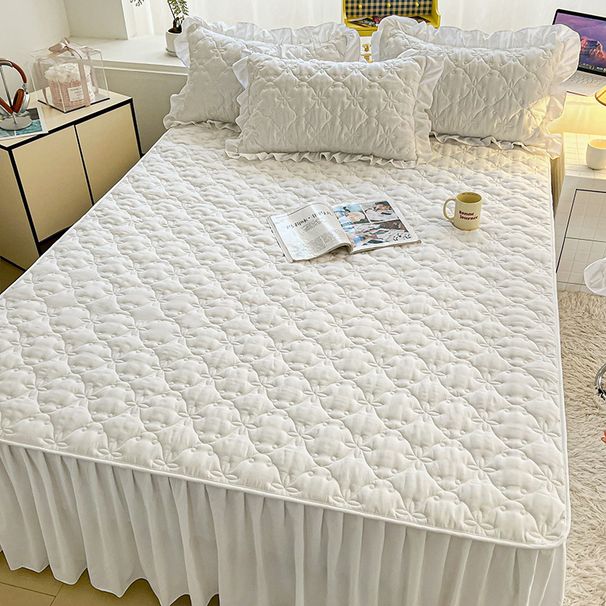 Washed Cotton Quilted Skirt Bed Dustproof Mattress Cover Solid Color Non-Slip Single 1.5m 2.1m Piece Set_maomaolike.com