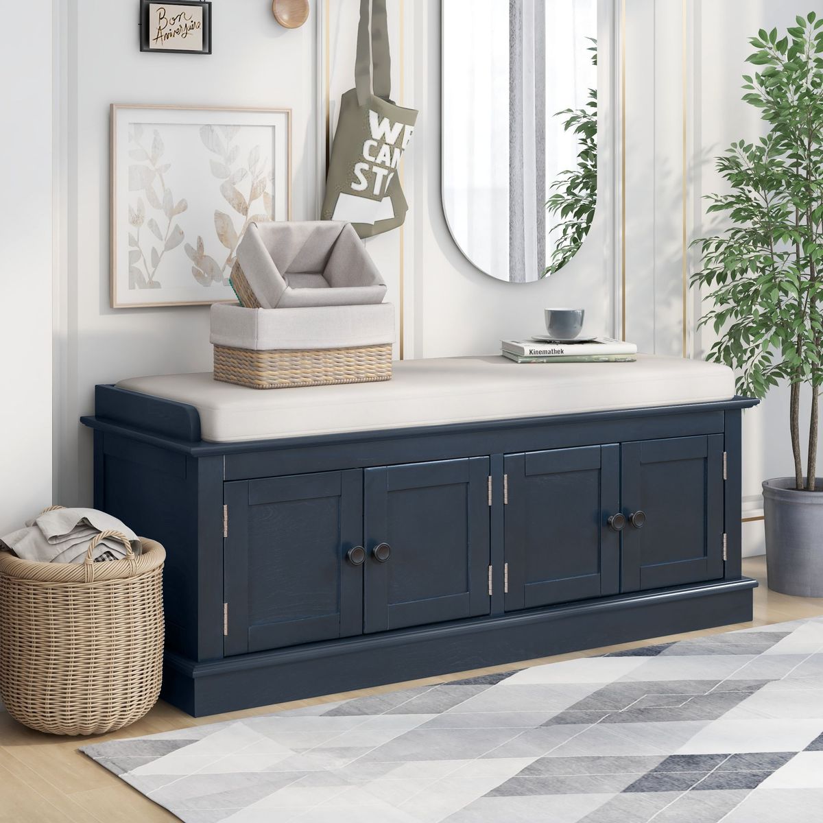 Storage Bench With 4 Doors And Adjustable Shelves,Shoe Bench With Removable Cushion For Living Room,Entryway_maomaolike.com