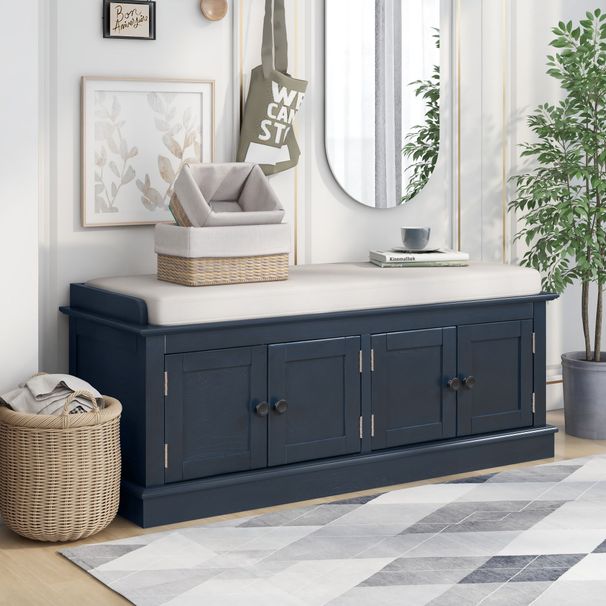 Storage Bench With 4 Doors And Adjustable Shelves,Shoe Bench With Removable Cushion For Living Room,Entryway_maomaolike.com