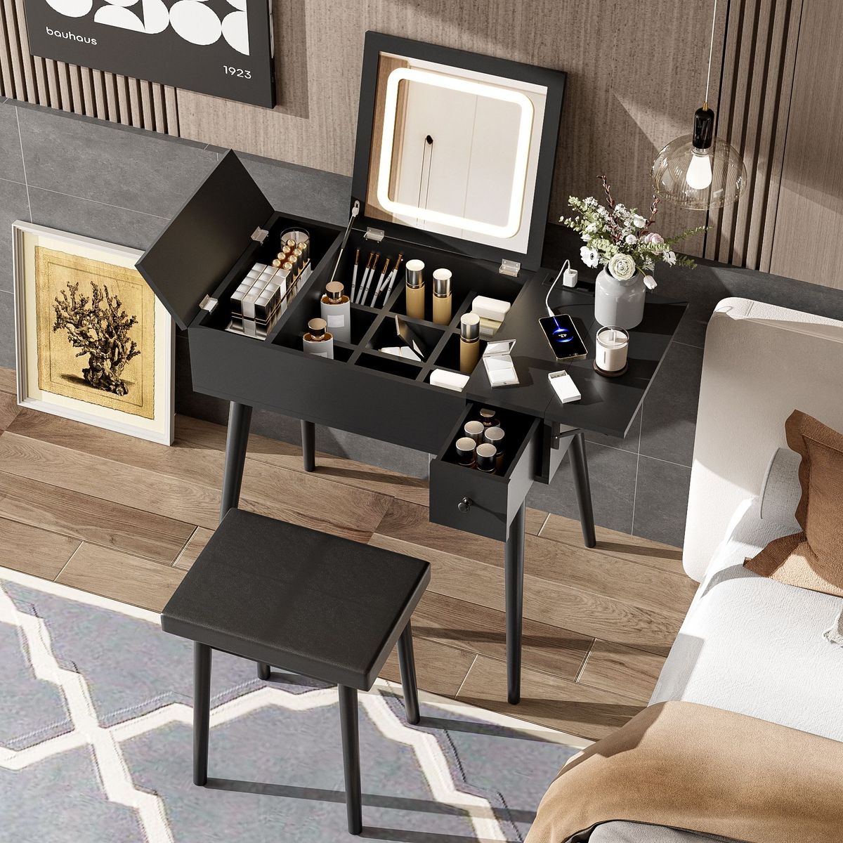 27.9" Black Makeup Vanity Desk With Flip Top Mirror And LED Light, Dressing Table With Charging Station, 2 Drawers And Fold-up Panel, Vanity Set With Cushioned Stool For Bedroom_maomaolike.com