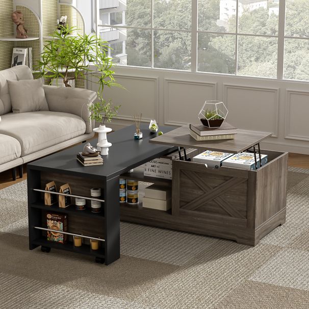 U-Can Farmhouse Lift Top Coffee Table With Barn Doors, Wood Rectangle Center Table With Large Hidden Storage Space And Open Cabinet, For Living Room, Bedroom, Home Office_maomaolike.com