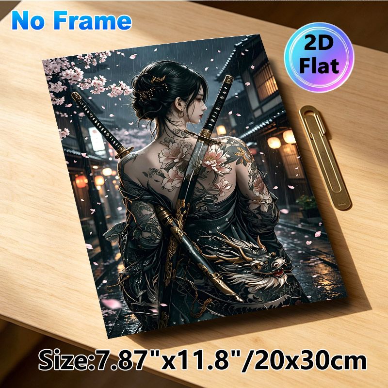 Japanese Female Samurai Painting Poster, Mysterious Dark-toned Anime Style Poster, Artistic Design Featuring Tattooed Warrior, Dual Katanas & Rainy_maomaolike.com