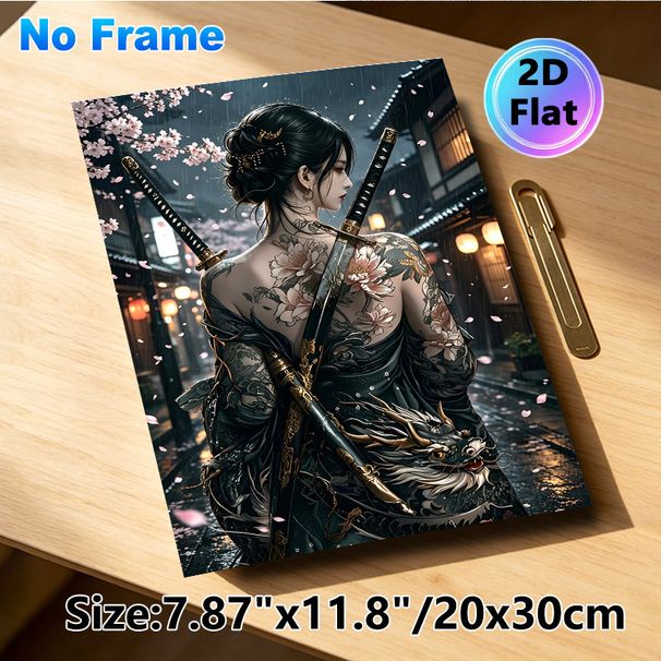 Japanese Female Samurai Painting Poster, Mysterious Dark-toned Anime Style Poster, Artistic Design Featuring Tattooed Warrior, Dual Katanas & Rainy_maomaolike.com