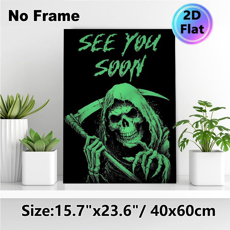 Grim Reaper Themed Painting Poster, Glow-in-the-dark Spooky Grim Reaper With "See You Soon" Text Poster, Unique Dark Gothic Style For Home Wall Decor_maomaolike.com