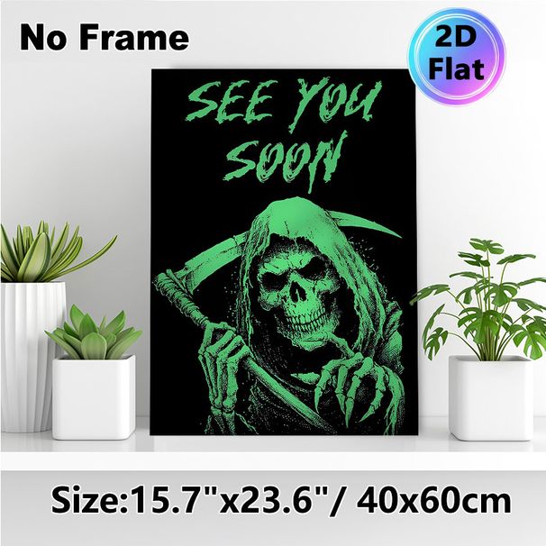 Grim Reaper Themed Painting Poster, Glow-in-the-dark Spooky Grim Reaper With "See You Soon" Text Poster, Unique Dark Gothic Style For Home Wall Decor_maomaolike.com