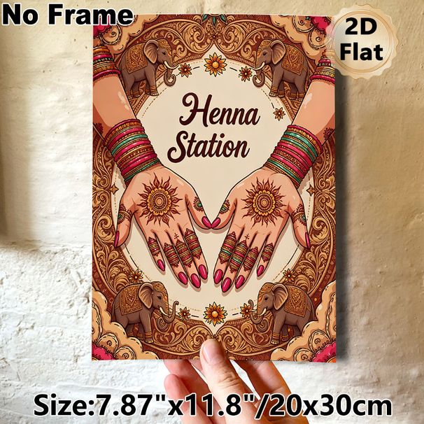 Henna Station Themed Painting Poster, Ornate Ethnic Style Poster, Rich Cultural Design Featuring Henna-decorated Hands And Adorned Elephants, Ideal_maomaolike.com