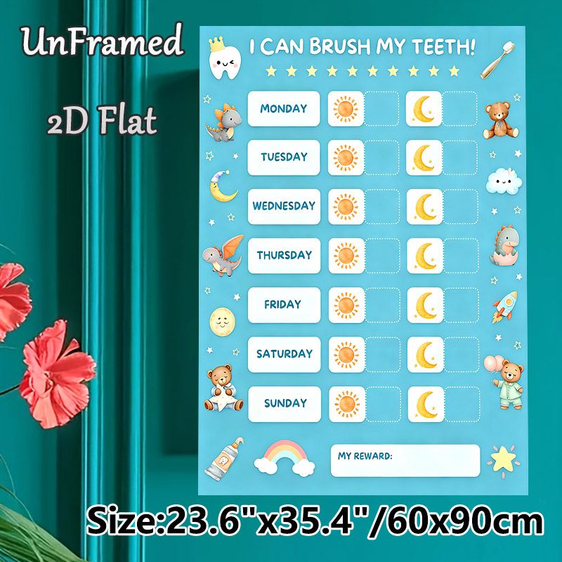 Tooth Brushing Reward Chart Painting Poster, Soft Watercolor Cute Cartoon Graphic Poster, Tracks Daily Morning & Evening Tooth-Brushing Tasks, Ideal_maomaolike.com