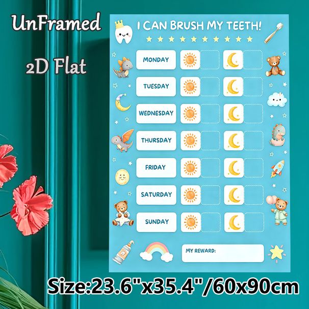 Tooth Brushing Reward Chart Painting Poster, Soft Watercolor Cute Cartoon Graphic Poster, Tracks Daily Morning & Evening Tooth-Brushing Tasks, Ideal_maomaolike.com