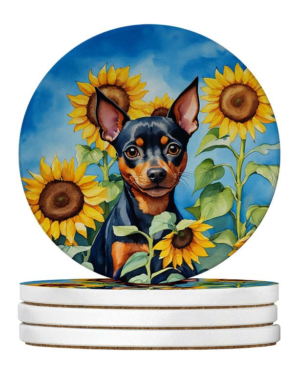 Miniature Pinscher In Sunflowers Large Sandstone Coasters Pack Of 4 Absorbent Round Coasters Decor Gifts For Men Or Women, 4 In, Multicolor_maomaolike.com
