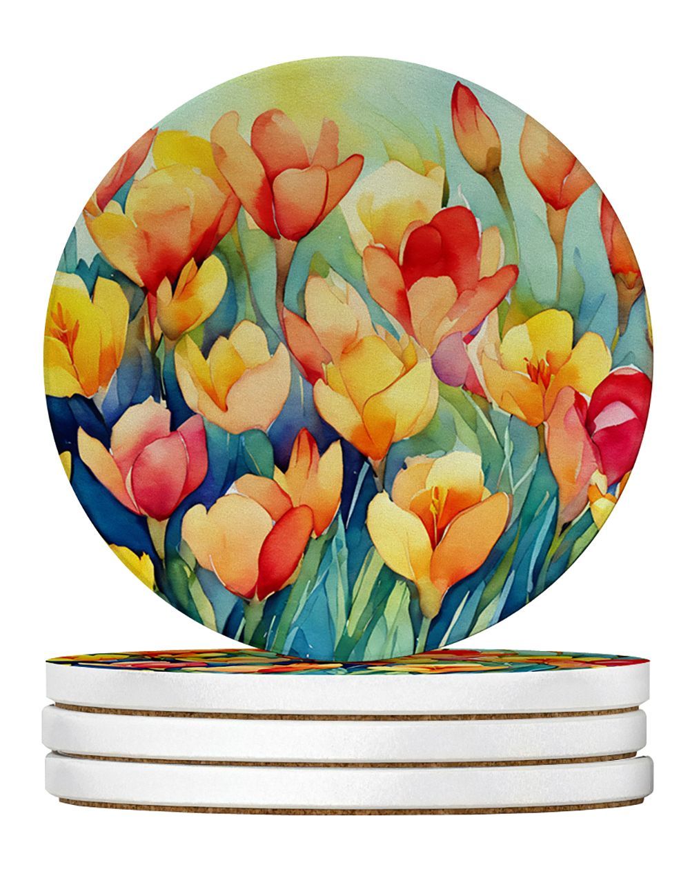 Freesias In Watercolor Large Sandstone Coasters Pack Of 4 Absorbent Round Coasters Decor Gifts For Men Or Women, 4 In, Multicolor_maomaolike.com