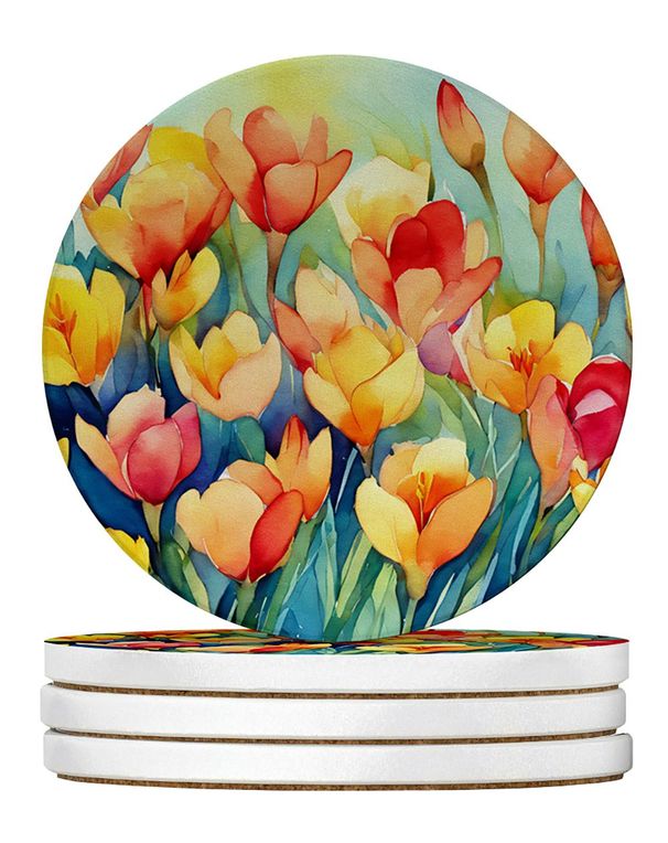 Freesias In Watercolor Large Sandstone Coasters Pack Of 4 Absorbent Round Coasters Decor Gifts For Men Or Women, 4 In, Multicolor_maomaolike.com