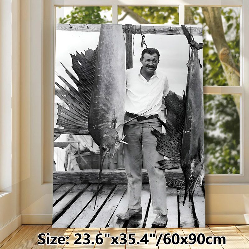 Big Game Fishing Painting Poster, Vintage Monochrome Man With Large Sailfishes On Dock Poster, Nostalgic Nautical Decor Suitable For Home Office_maomaolike.com