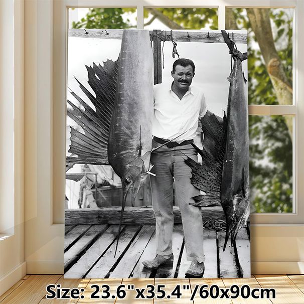Big Game Fishing Painting Poster, Vintage Monochrome Man With Large Sailfishes On Dock Poster, Nostalgic Nautical Decor Suitable For Home Office_maomaolike.com