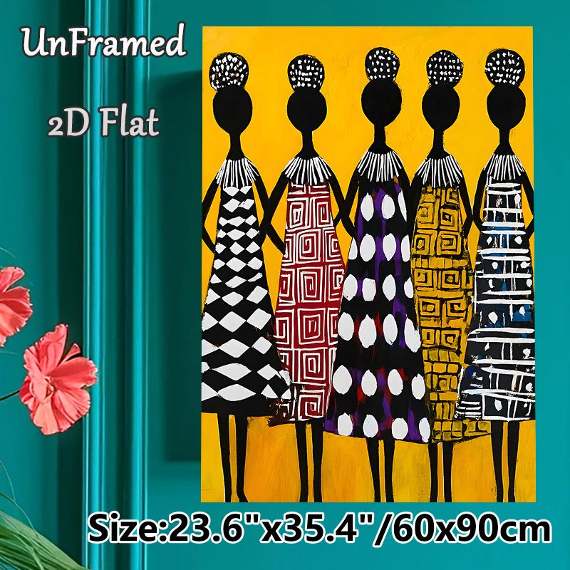 African Ethnic Women Painting Poster, Bold Colorful Ethnic Style Poster, Five Stylized Female Silhouettes With Distinct Geometric Patterned Dresses_maomaolike.com