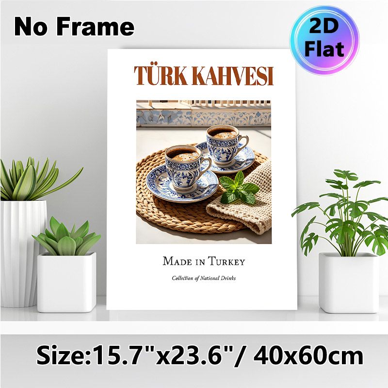 Turkish Coffee Themed Painting Poster, Warm Rustic Blue & White Porcelain Coffee Cups Poster, Showcases Authentic Turkish Drink Culture, Ideal For_maomaolike.com