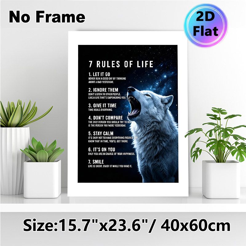 7 Rules Of Life Wolf Themed Motivational Painting Poster, Mysterious Starry Night Howling Wolf Poster, Inspirational Life Rules Decor For Home Office_maomaolike.com
