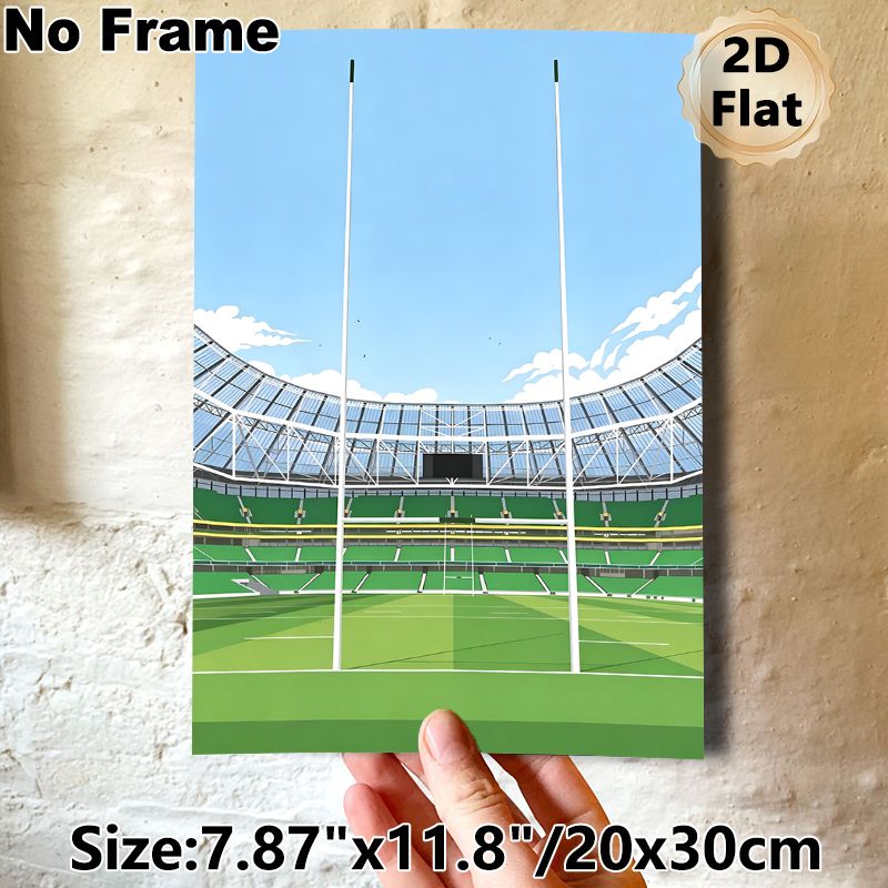 Rugby Stadium Themed Painting Poster, Vibrant Flat Graphic Style Rugby Stadium With Goalposts Poster, Sports-inspired Wall Decor Ideal For Home, Game_maomaolike.com