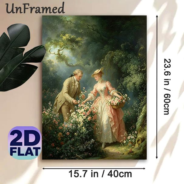 Vintage Aristocratic Couple Flower-picking Painting Poster, Elegant Rococo-style Pastoral Scene Poster, Soft-toned Romantic Artwork Ideal For Living_maomaolike.com