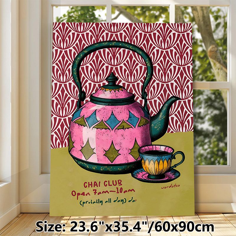 Chai Club Tea Set Painting Poster, Vibrant Vintage Teapot & Teacup Illustration Poster, Brings Cozy Tea-time Vibe, Ideal For Kitchen And Dining Room_maomaolike.com