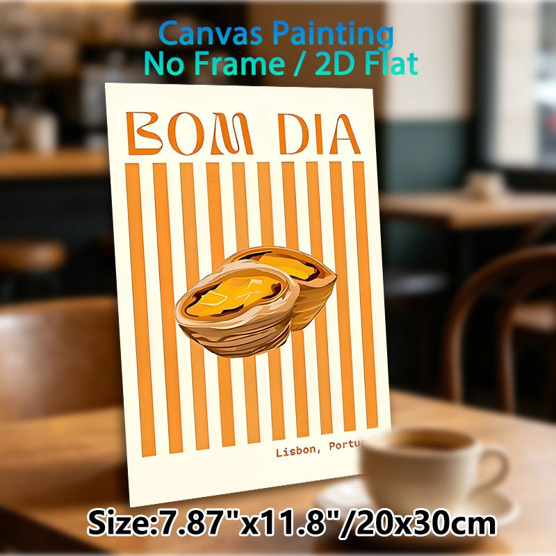 Portuguese Clam Themed Painting Poster, Warm-toned Retro Striped Poster, Features "Bom Dia" Text & Lisbon Vibe, Adds Cozy Regional Charm For Kitchen_maomaolike.com