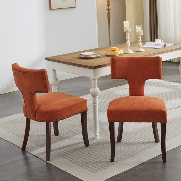Set Of 2 Mid Century Modern Dining Chairs, Upholstered Farmhouse Accent Chairs With Curved Backrest And Copper Nail Trim, Hardwood Frame, Orange Linen Fabric_maomaolike.com