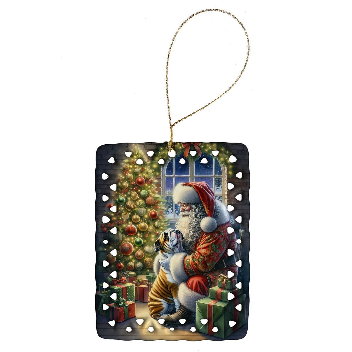 English Bulldog And Santa Claus Porcelain Ornament Christmas Tree Hanging Decorations For Home Christmas Holiday, Rectangle, Gift, Multicolor_maomaolike.com