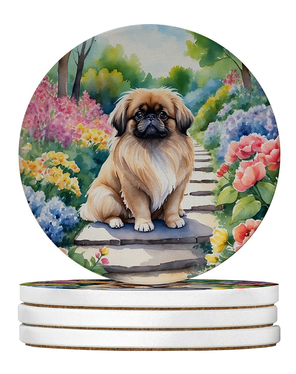 Pekingese Spring Path Large Sandstone Coasters Pack Of 4 Absorbent Round Coasters Decor Gifts For Men Or Women, 4 In, Multicolor_maomaolike.com