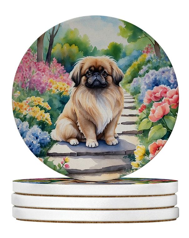Pekingese Spring Path Large Sandstone Coasters Pack Of 4 Absorbent Round Coasters Decor Gifts For Men Or Women, 4 In, Multicolor_maomaolike.com