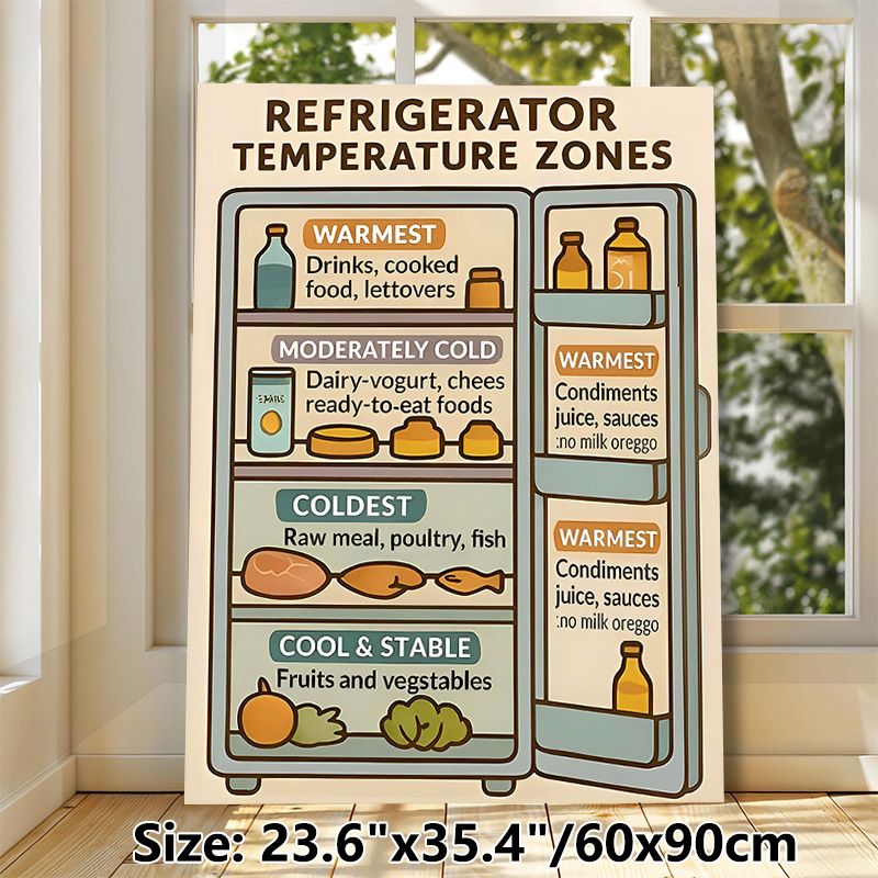 Refrigerator Temperature Zones Painting Poster, Informative Cartoon-style Fridge Storage Guide Poster, Practical Food Arrangement Reference For_maomaolike.com