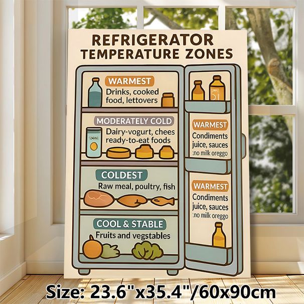Refrigerator Temperature Zones Painting Poster, Informative Cartoon-style Fridge Storage Guide Poster, Practical Food Arrangement Reference For_maomaolike.com