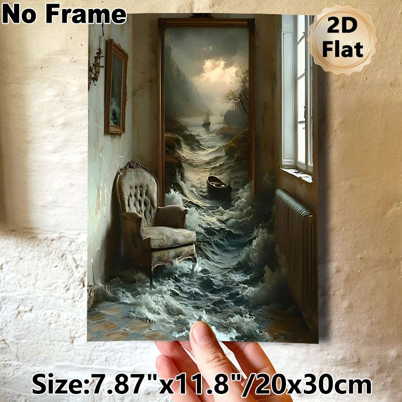 Surreal Coastal Interior Painting Poster, Dramatic Surreal Scene With Waves Spilling From Artwork Into Room Poster, Unique Immersive Decor Ideal For_maomaolike.com