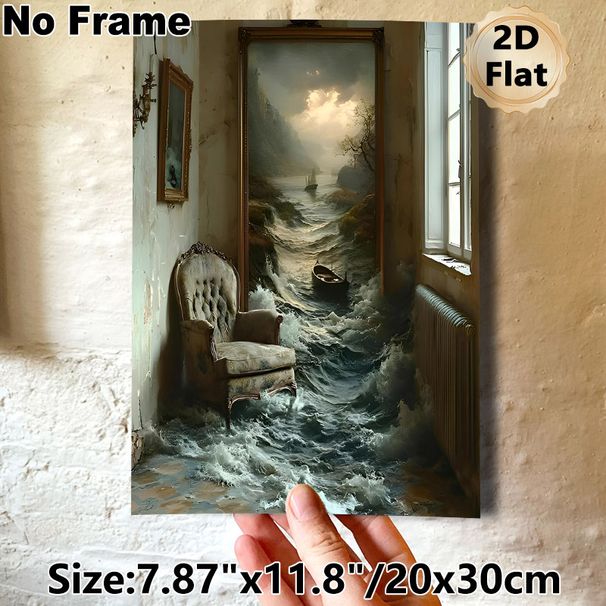 Surreal Coastal Interior Painting Poster, Dramatic Surreal Scene With Waves Spilling From Artwork Into Room Poster, Unique Immersive Decor Ideal For_maomaolike.com