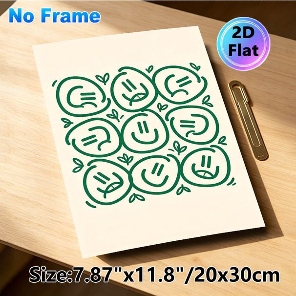 Smiley Face Painting Poster, Minimalist Line Art Poster, Green Cute Smiley Faces With Tiny Leaves, Cheerful Simple Decor Idea For Living Room_maomaolike.com