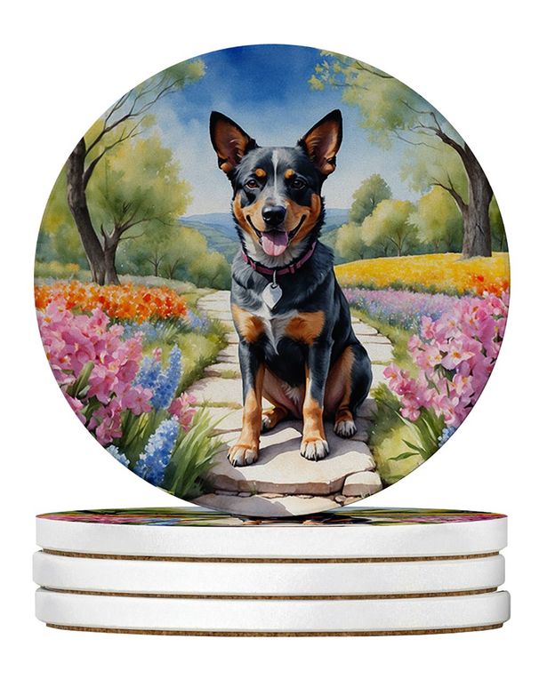 Australian Cattle Dog Spring Garden Large Sandstone Coasters Pack Of 4 Absorbent Round Coasters Decor Gifts For Men Or Women, 4 In, Multicolor_maomaolike.com