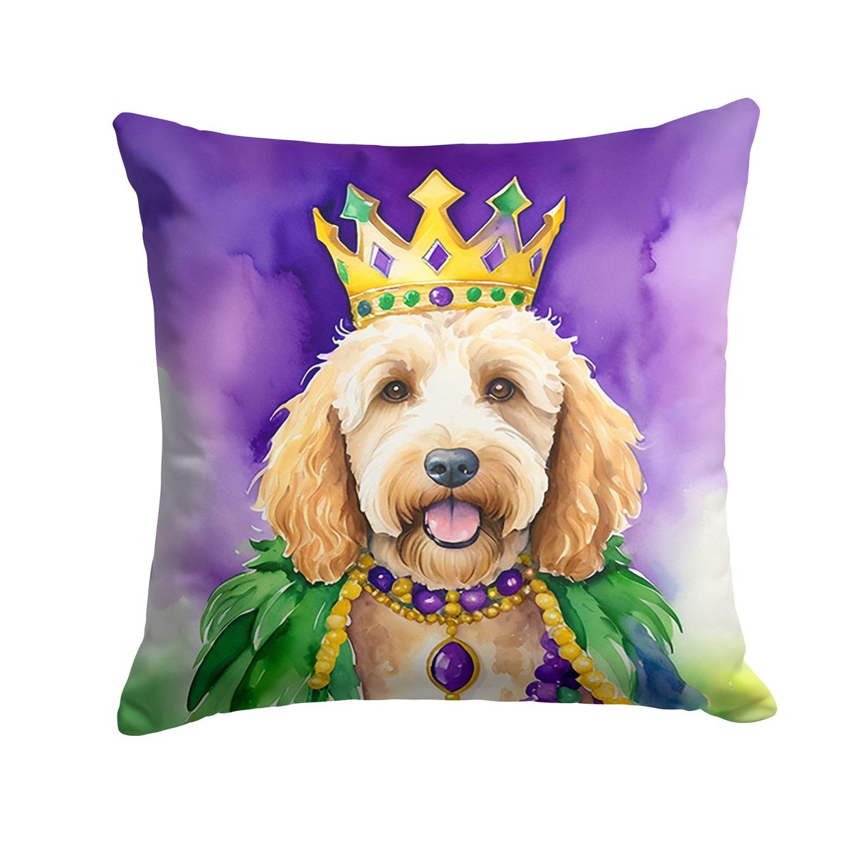 Goldendoodle King Of Mardi Gras Throw Pillow Machine Washable, Indoor Outdoor Decorative Pillow For Couch, Bed Or Patio, 14Hx14W_maomaolike.com